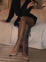 New Crystal Diamond Shiny Women Pants Summer Sexy Hollow Out Elastic Fishnet Trousers Fashion See Through Beachwear Cityhottie