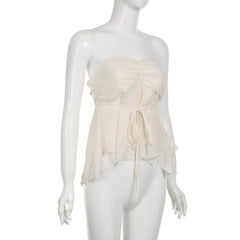 Chiffon Ruched Solid Self Tie Zip-Up Backless Tube Top