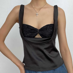 Lace Solid Backless Sleeveless Bowknot Cami 2 Piece Top