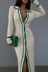 Lapel Contrast Single-Breasted Ribbed Dress