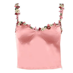 Sweetheart Neck Flower Embroidery Zip-Up Satin Cami Crop Top
