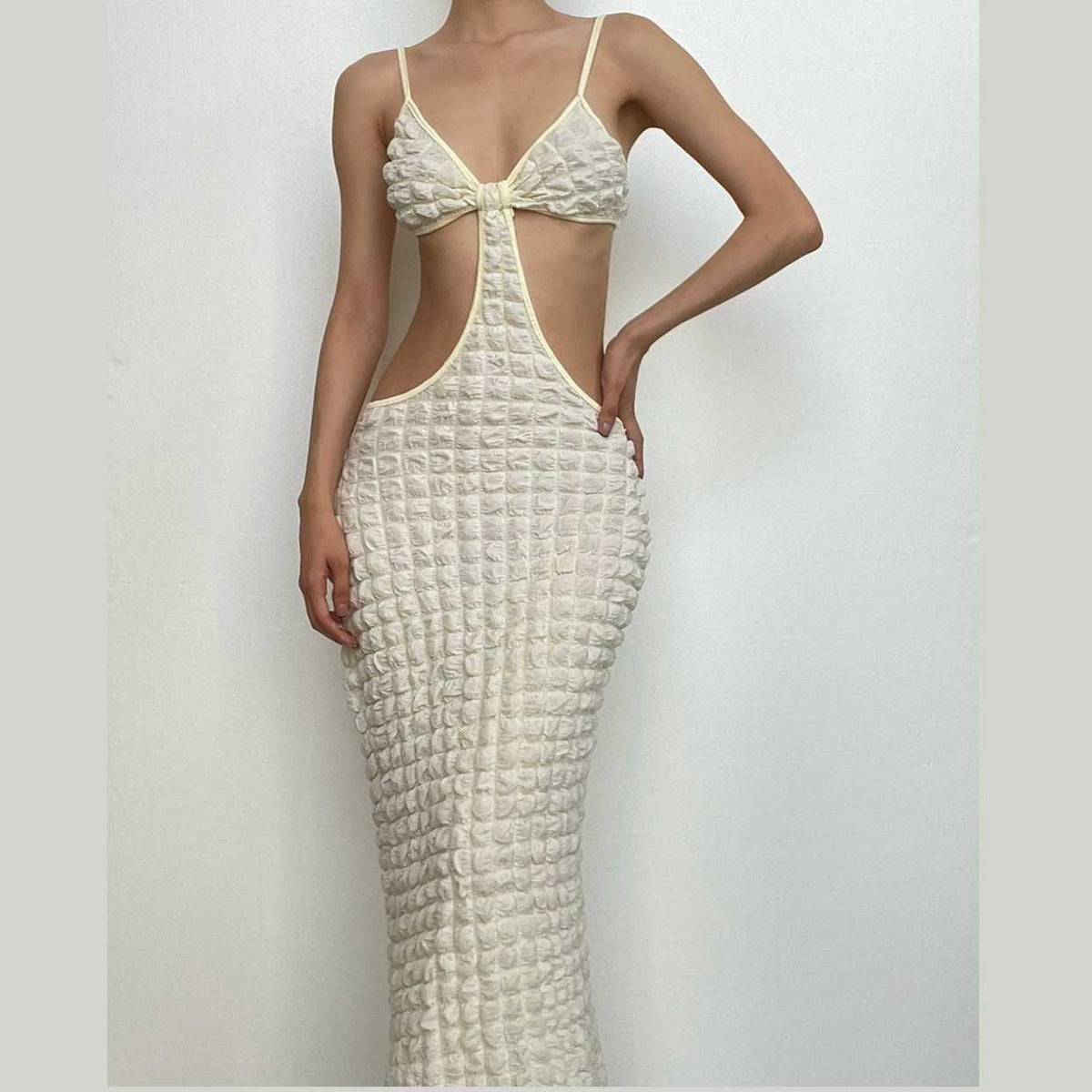 Solid Hollow Out Waffle Backless Cami Midi Dress
