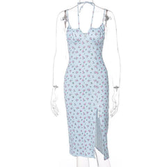 High Slit Floral Heart Neck Ruched Dress