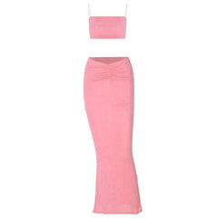 Ruched Solid Spaghetti Strap Backless Square Neck Cami Maxi Skirt Set