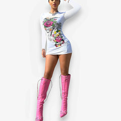 White Printed Slim Urban Style Dress