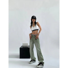 Women'S Green Jeans Vintage Washed Multiple Pockets Wide Leg Pants Casual Street High Waist Baggy Denim Trouser Ladies Summer