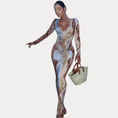Printed Sexy V-Neck Slim Long Dress