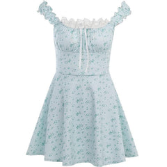 Cap Sleeve Lace Hem Ruched Flower Print Contrast Mini Dress