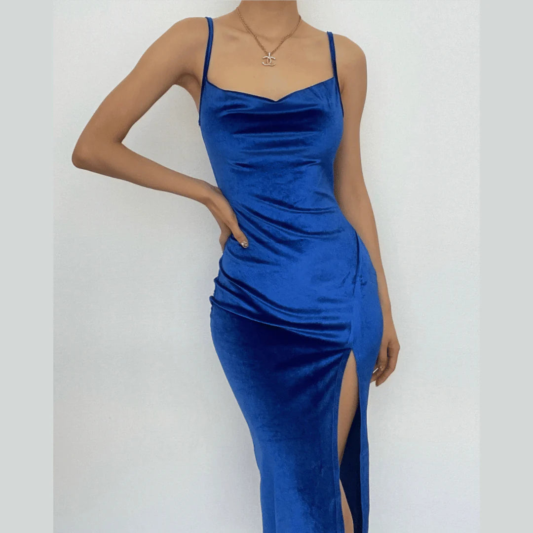 Sleeveless Velvet Slit Cowl Neck Backless Cami Midi Dress