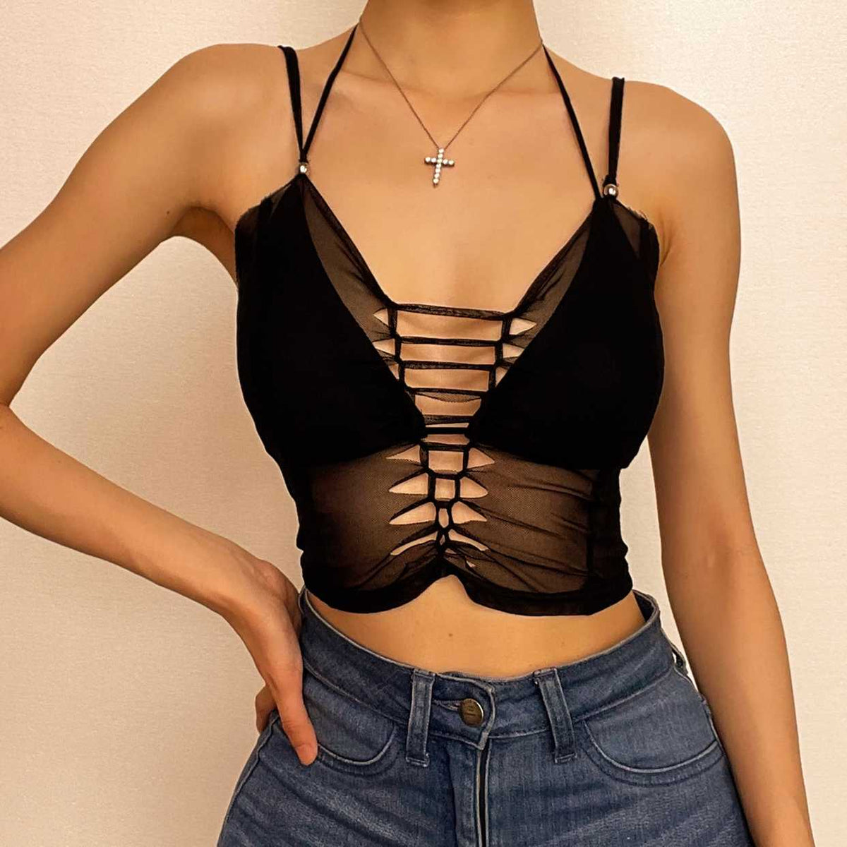 Mesh Solid Hollow Out Halter Self Tie Backless 2 Piece Cami Crop Top