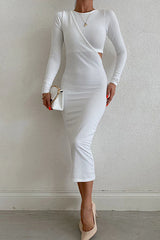 Elegant Solid Hollowed Out Patchwork O Neck Pencil Skirt Dresses(3 Colors)