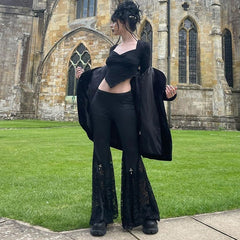 Goth Mall Flare Pants Sexy Black Lace Patchwork High Waist Vintage Harajuku Hippie Punk Grunge Streetwear  Y2K Pants