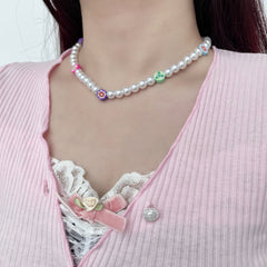 Faux Pearl Beaded Flower Clay Necklace