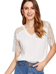Women'S Casual V Neck Lace Short Sleeve Basic Tee Tops