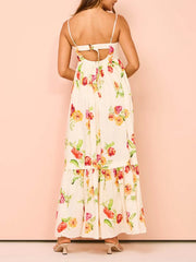 Unique Floral Print Halter Graceful Backless Extra Maxi Dress