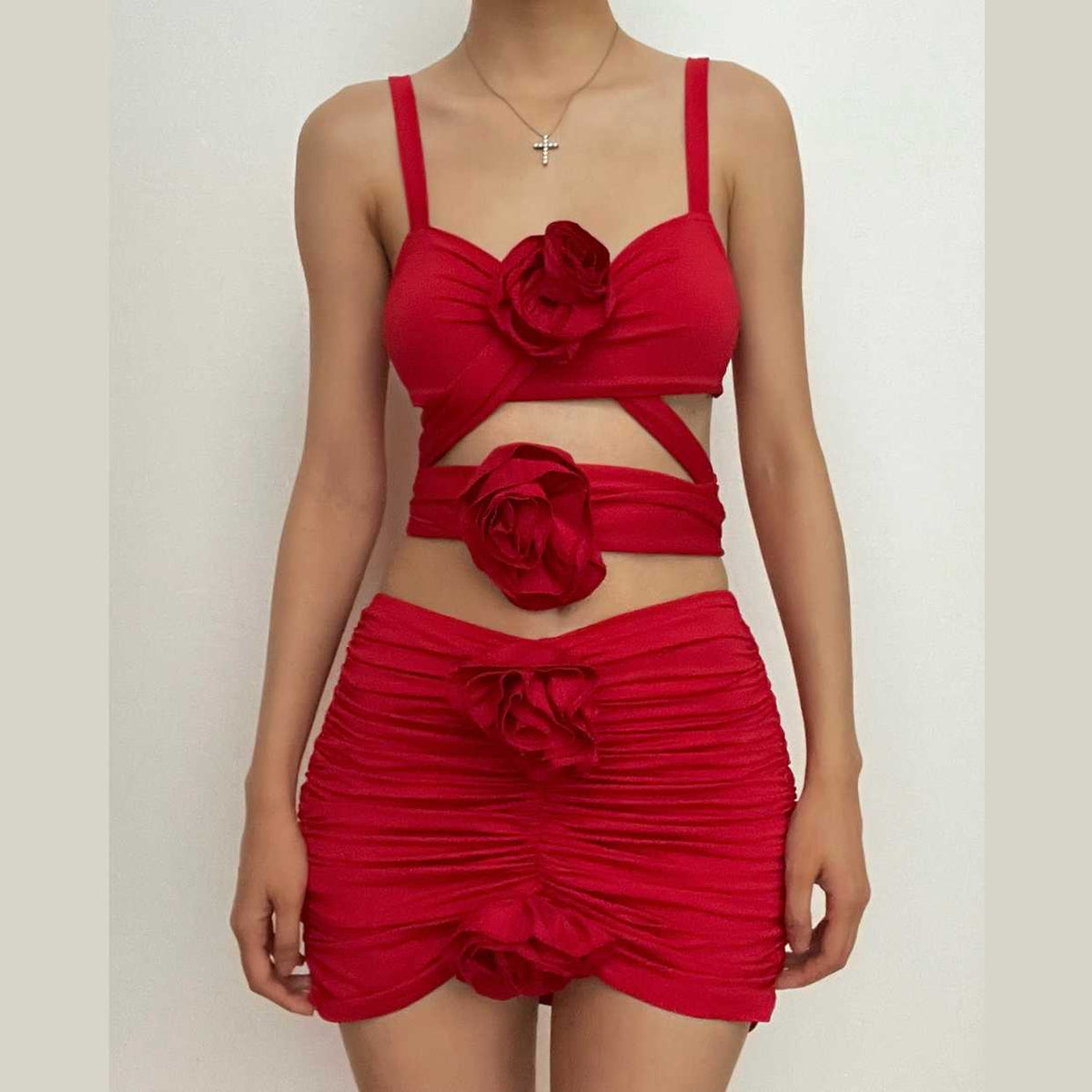 Solid Ruched Hollow Out Flower Applique Backless Mini Dress