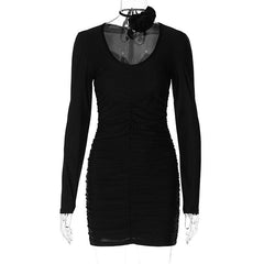 Ruched Long Sleeve Flower Applique U Neck Solid Mini Dress