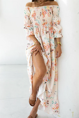Elegant Floral Flounce Fold Off The Shoulder A Line Dresses(3 Colors)