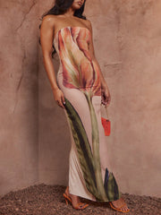 Stylish Graffiti Print Charming Sleeveless Off-Shoulder Maxi Dress