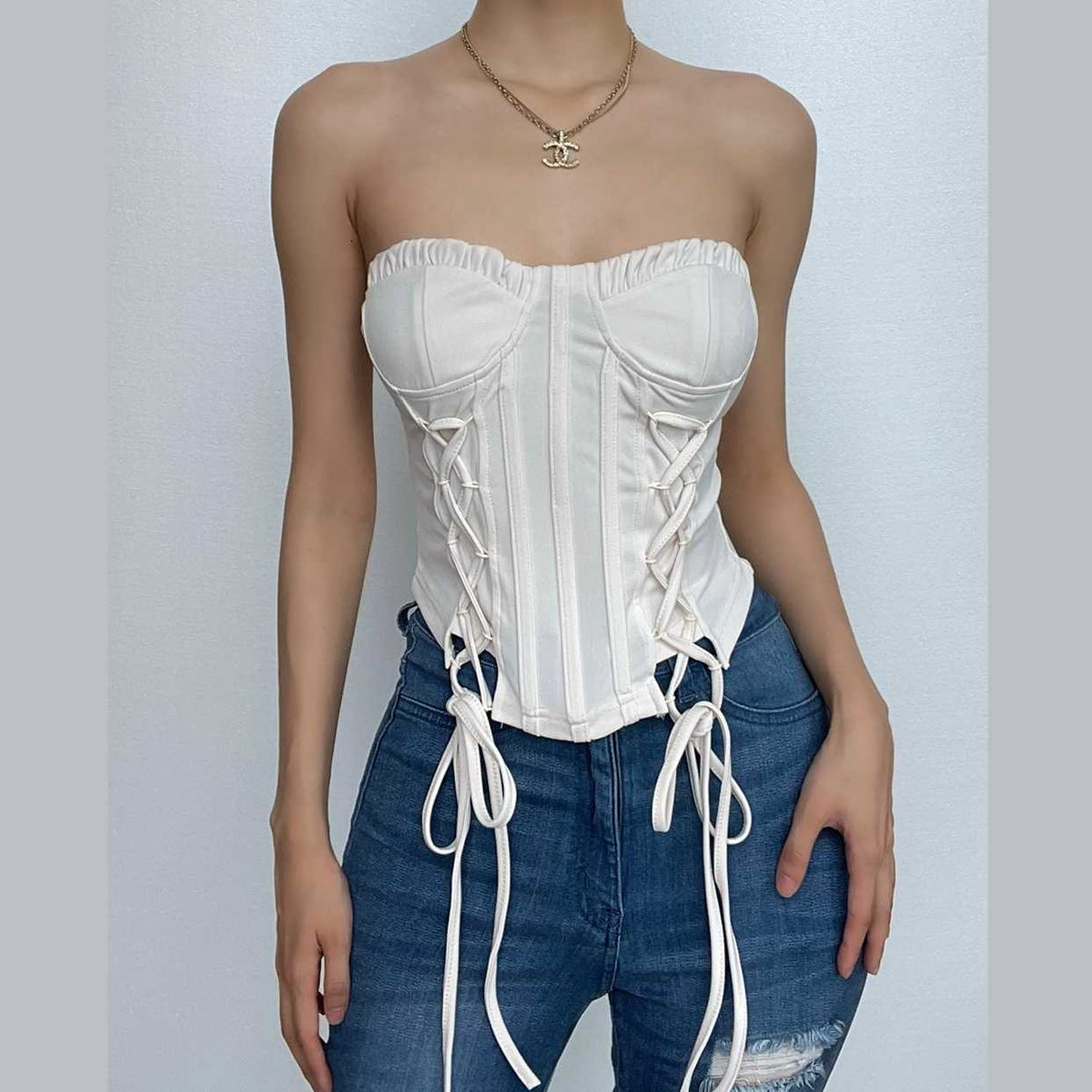 Ruffle Solid Lace Up Corset Self Tie Backless Tube Top