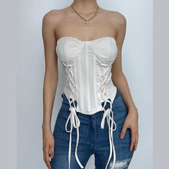 Ruffle Solid Lace Up Corset Self Tie Backless Tube Top