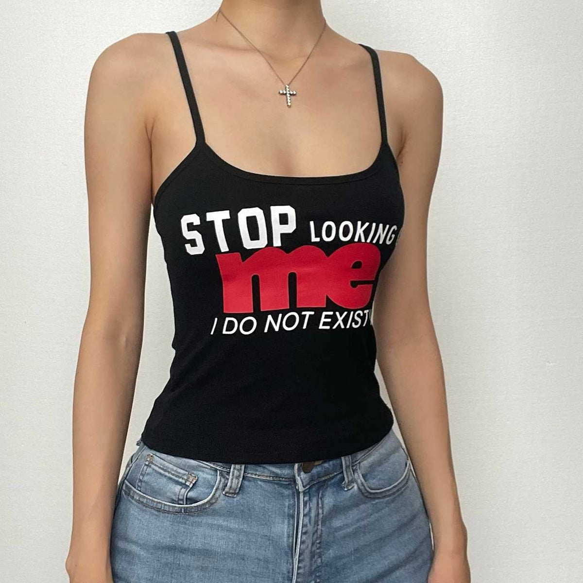 Letter Print U Neck Contrast Backless Cami Crop Top - Final Sale