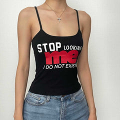 Letter Print U Neck Contrast Backless Cami Crop Top - Final Sale