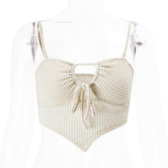 Textured Drawstring Square Neck Solid Hollow Out Cami Top