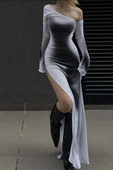 Street Style Printed Long-Sleeved Slit Dress