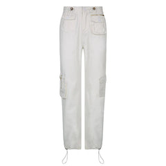 Women Spring Fashion Multi Pockets White Cargo Pants Women Adjustable Low Waist Baggy Wide Leg Jeans Oversized Casual Trousers Retro Bottoms Iamhotty