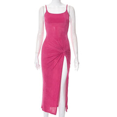 Knotted U Neck Slit Solid Irregular Backless Cami Midi Dress