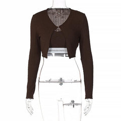 Long Sleeve Solid Textured Cami 2 Piece Crop Top