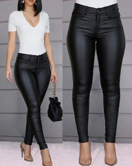 Pu Leather Pants Women High Waist Button Zipper Slim Push Up Woman Pencil Pants Casual Pockets Blue Skinny Women Pants Plus Size