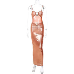 Hollow Out Metallic Ruched Backless Metal Applique Cami Maxi Dress