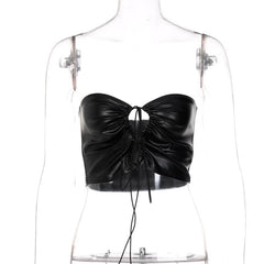 Pu Drawstring Halter 2-Way Ruched Backless Solid Tube Top
