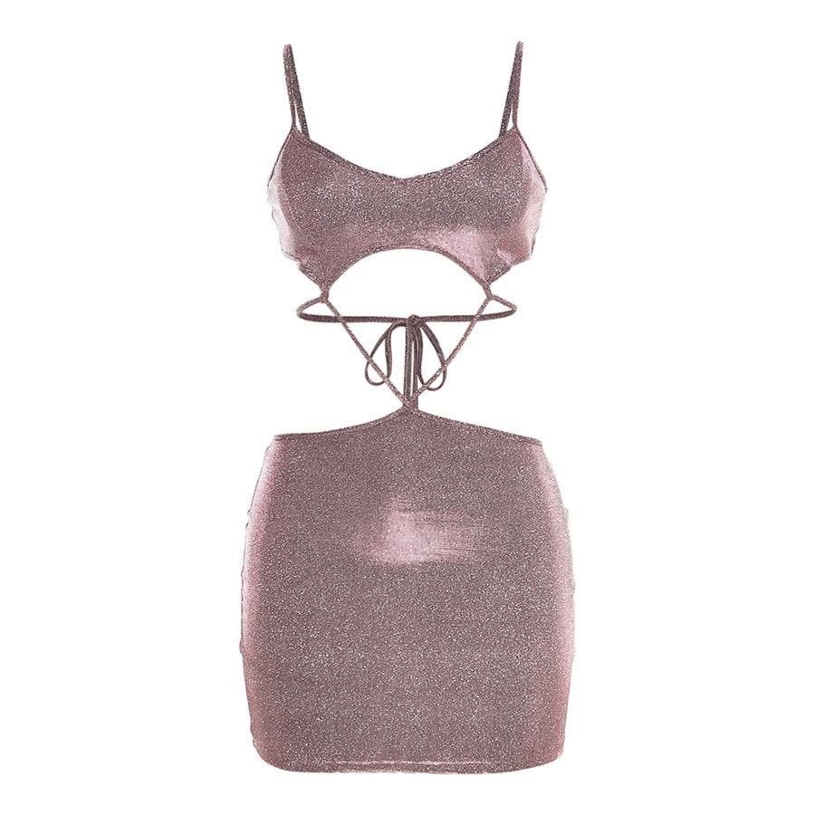 Low Cut V Neck Textured Hollow Out Self Tie Cami Mini Dress
