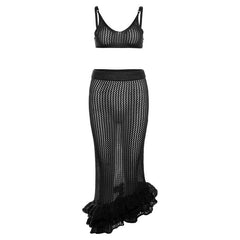 Crochet V Neck See Through Ruffle Irregular Cami Midi Skirt Set