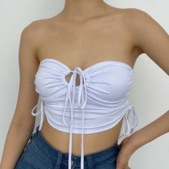 Double Layered Drawstring Ruched V Neck Halter Backless Cami Top