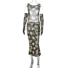 Sheer Mesh Sleeveless Gloves Backless Flower Pattern Midi Dress