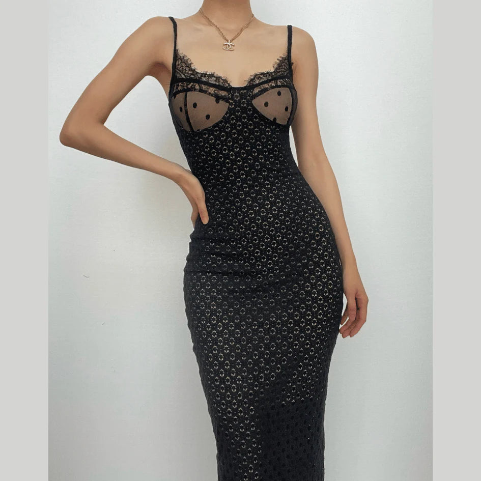 Mesh Lace Hem Zip-Up Slit Solid Backless Cami Midi Dress