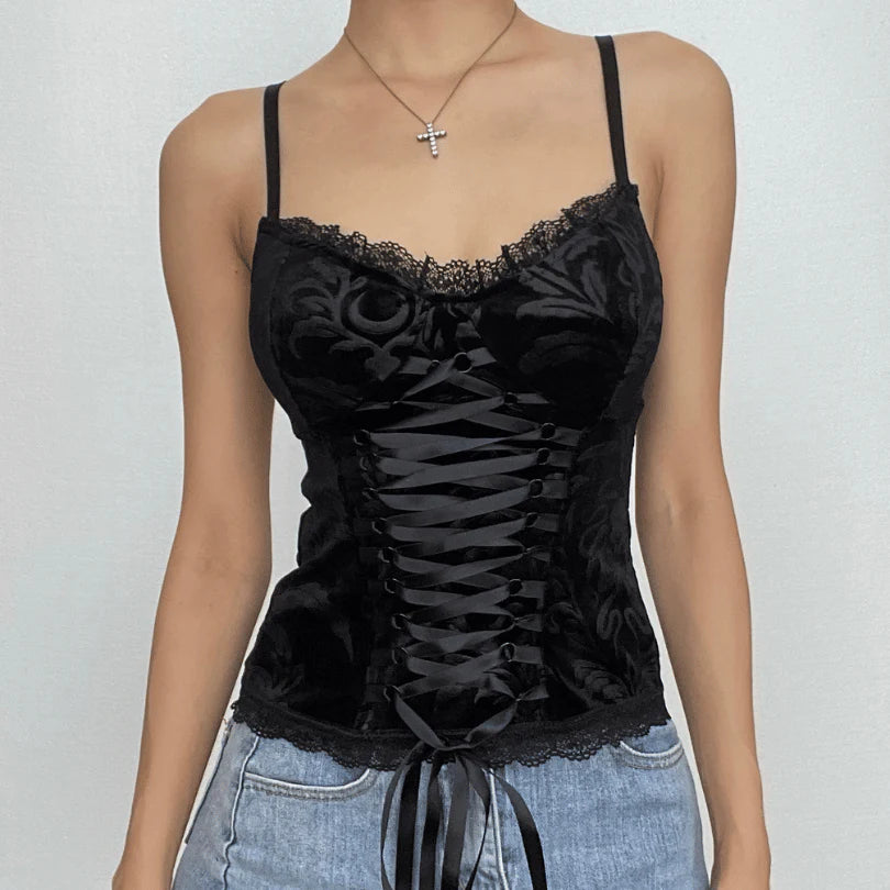 V Neck Hem Lace Velvet Lace Up Cami Top