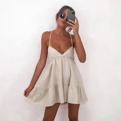Retro Suspender V-Neck Pleated Short Dress