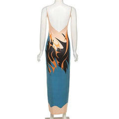Low-Cut Print Backless Cami Midi Dress
