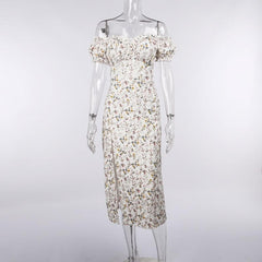 Short Sleeve Off Shoulder Puff Sleeve Slit Flower Pattern Ruched Midi Dress