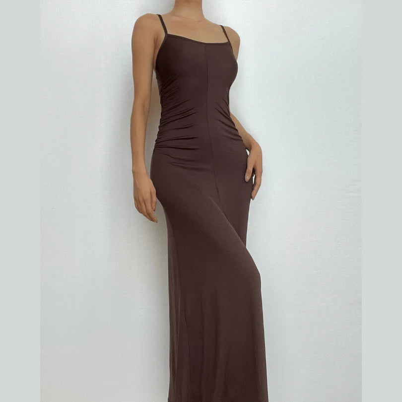 Solid Ruched U Neck Backless Cami Maxi Dress