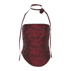 Rose Print Zip-Up Flower Applique Contrast Tube Top