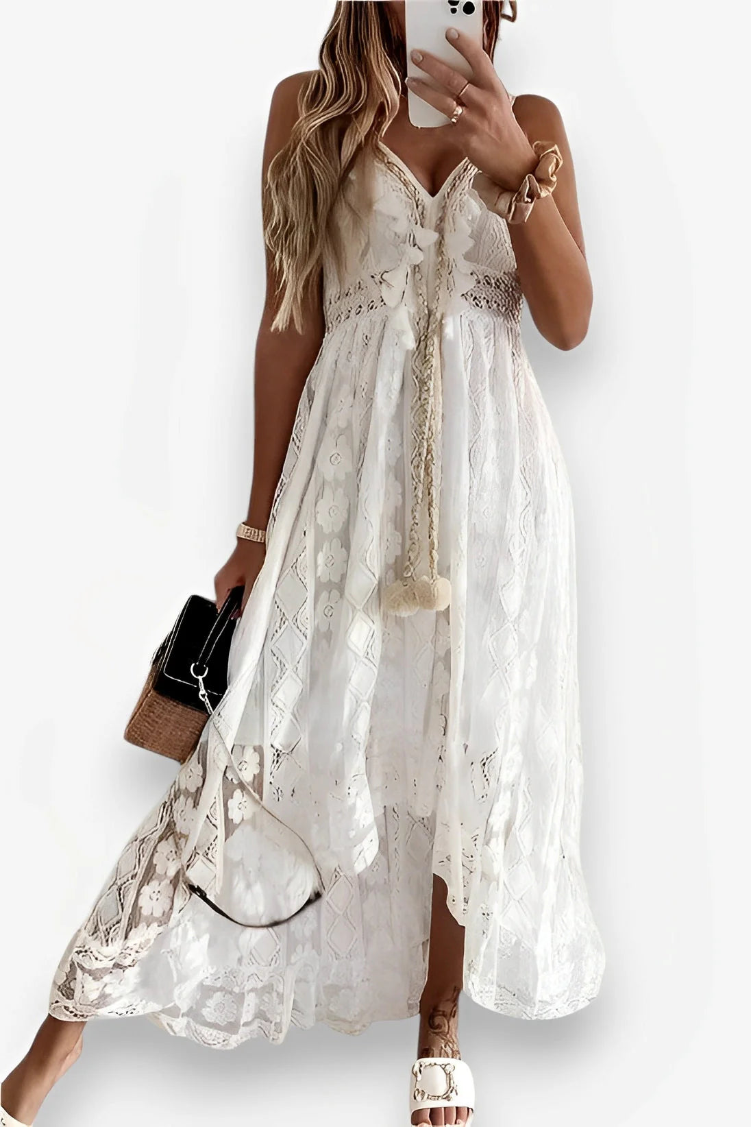Lace Suspender White Midi Dress