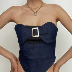 Contrast Patchwork Backless Buckle Denim Tube Top