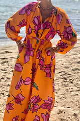 Elegant Vacation Floral Pocket Contrast V Neck A Line Dresses