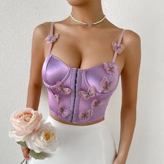Butterfly Applique Button Bustier Satin Low Cut Cami Top